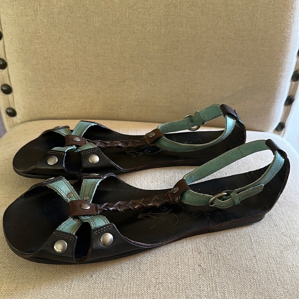Matisse Black and Mint Braided T-Strap Flat Sandals
